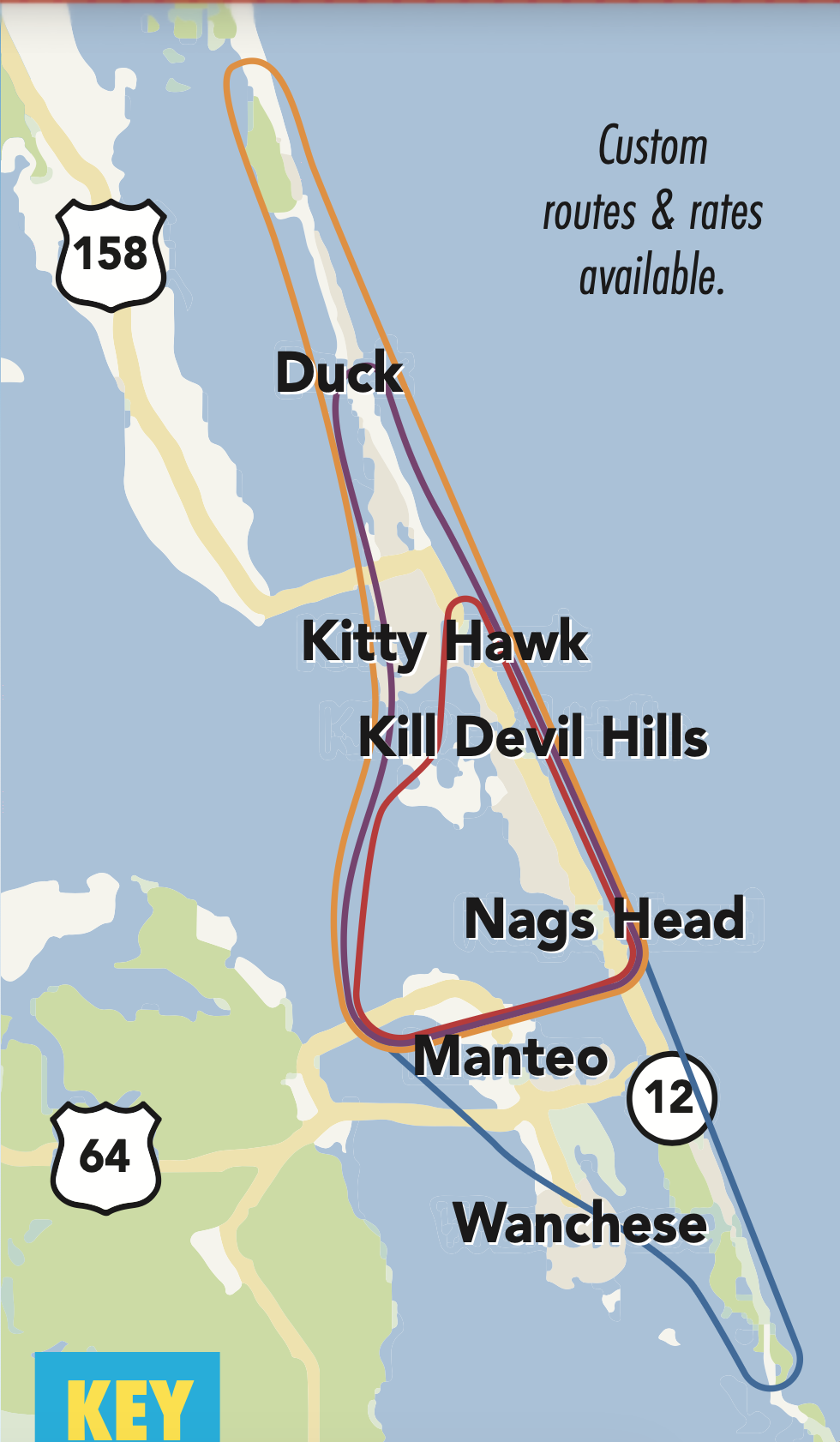 OBX aerial advertising routes map showing Duck, Kitty Hawk, Kill Devil Hills, Nags Head, Manteo, and Wanchese